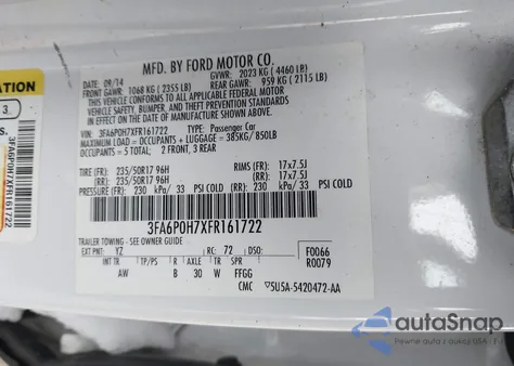 2015 Ford Fusion Se z USA, uszkodzony, nr VIN 3FA6P0H7XFR161722